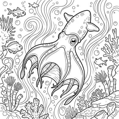 Embark on an oceanic journey with this captivating Vampire Squid coloring page, featuring the mysterious creature amidst a vibrant deep-sea ecosystem. Perfect for marine life enthusiasts, this intricate design offers hours of calming creative exploration.