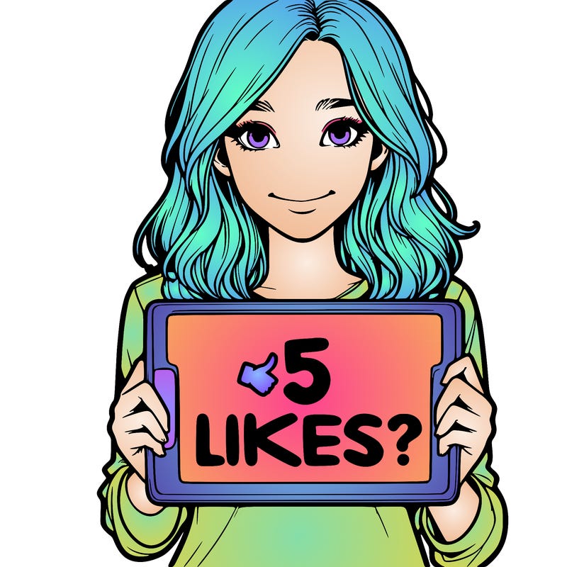 a realistic girl holding a sign saying 5 likes?