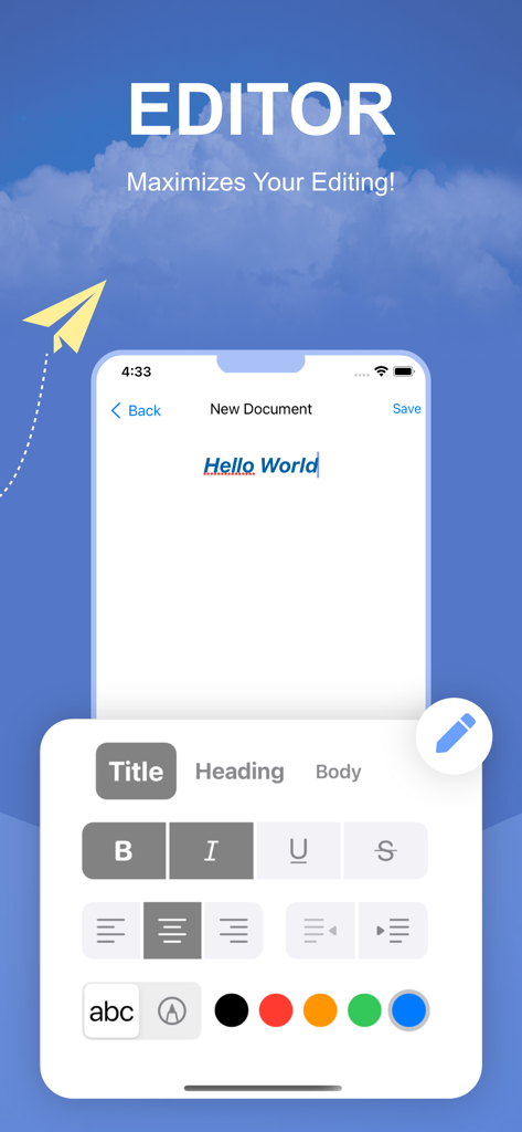 Professional rich text editor interface in the File Manager app with various formatting tools and color options