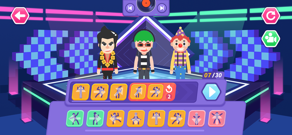 Dance Party Coding for kids - Three cartoon characters on a neon dance stage above a sequence of visual coding blocks representing dance moves.