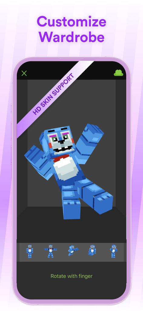 A 3D preview of a character skin in the Skinseed Minecraft skin editor wardrobe