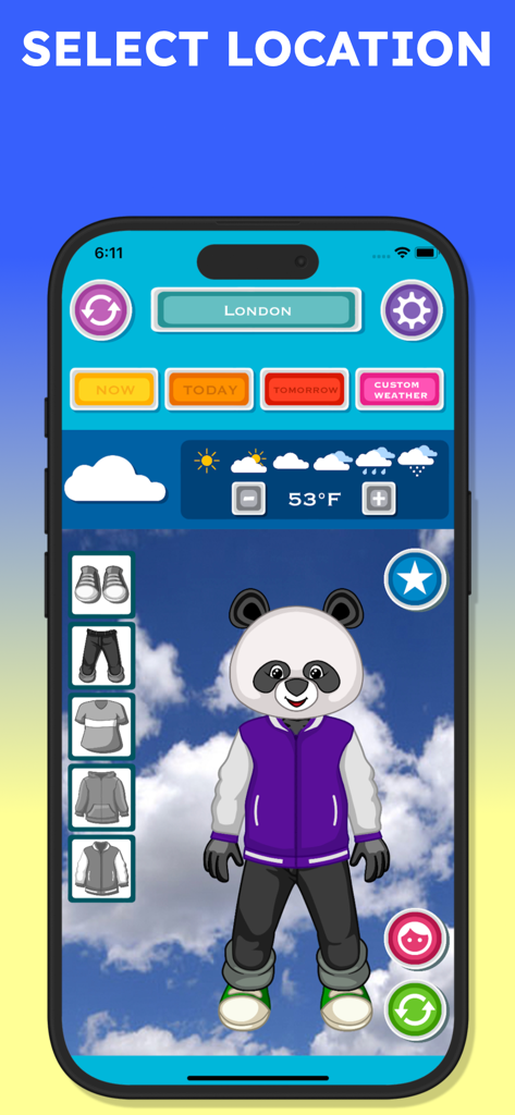 Forecast & What to Wear - A panda avatar wearing a jacket and pants on a weather app interface