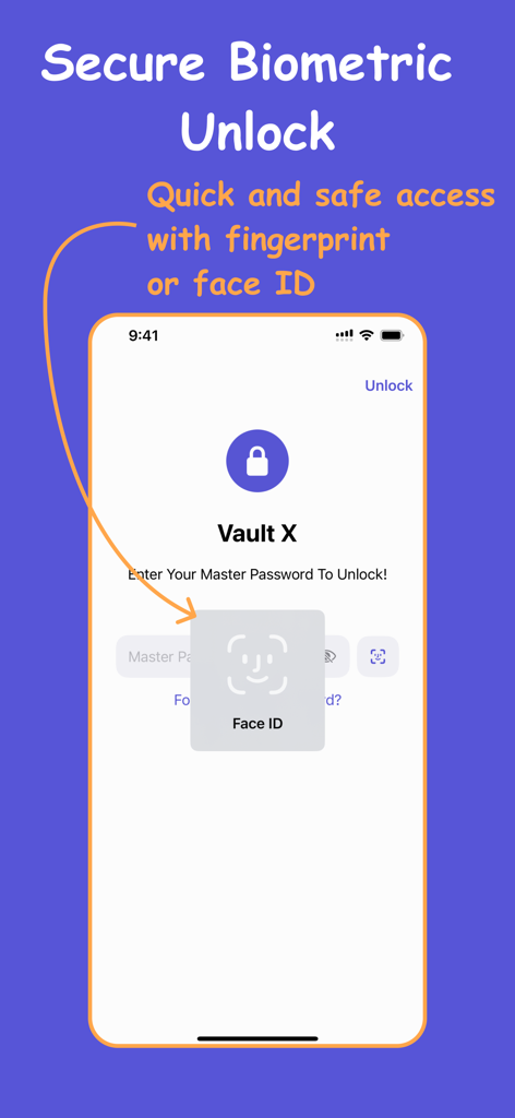 Risk Free Password Manager - Smartphone screen showing a secure biometric unlock feature using Face ID for a password vault