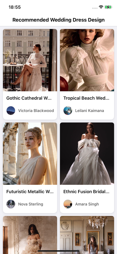Evaer - Inspiration gallery in the Evaer app showing various recommended wedding dress styles like Gothic and Tropical Beach
