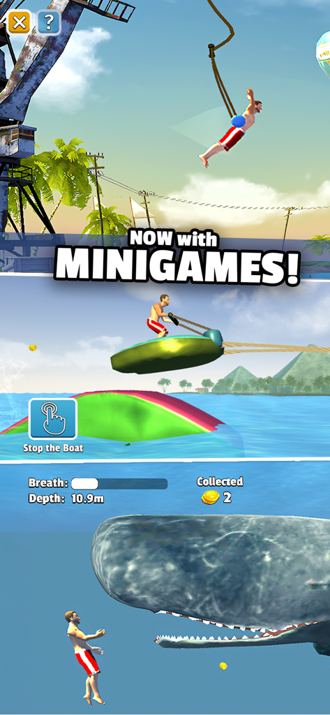 Flip Diving - Gameplay-Screenshots der neuen Flip Diving Minispiele, einschließlich Seilschwingen und Schwimmen mit einem Wal