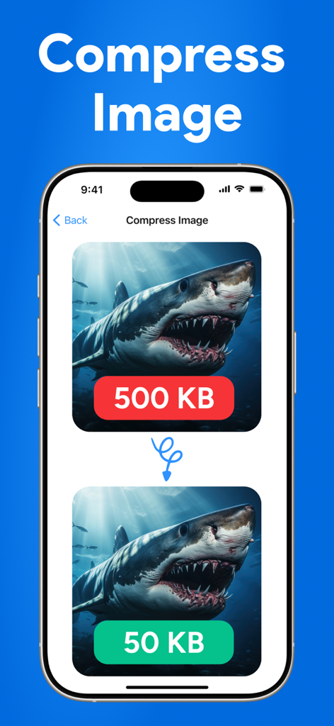Image Converter: PNG,JPG, HEIC - A screenshot showing an image compression feature reducing a file size from 500 KB to 50 KB