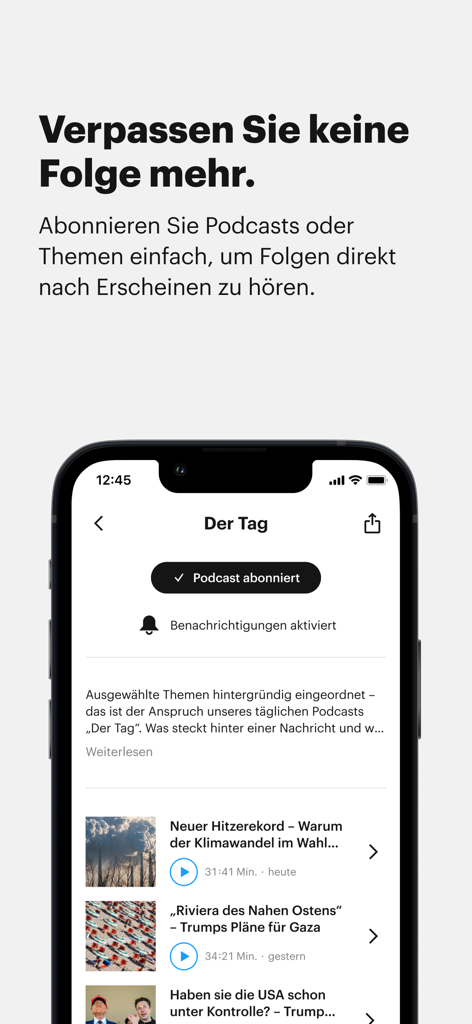 Deutschlandfunk - ニュースエピソードリストを含むポッドキャスト購読ページを表示するDeutschlandfunkモバイルアプリインターフェースのスクリーンショット。