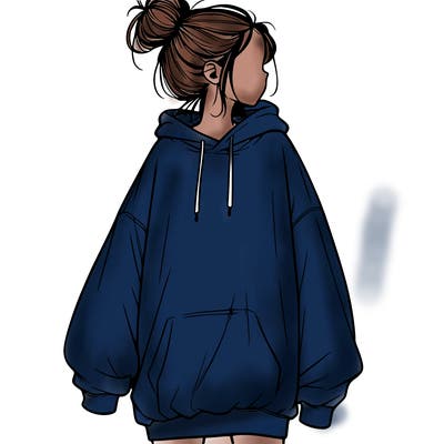 realistic girl with a oversized sweatshirt on and a bun