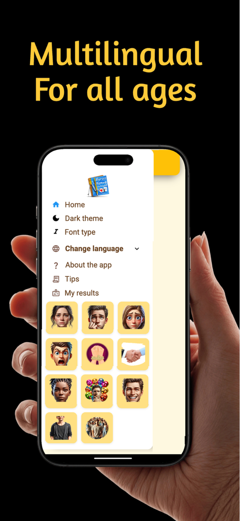 Menú de la aplicación móvil Attitude Test con opciones de idioma e íconos de personalidad.