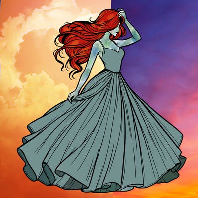 realistic woman with dress flowing in the wind
