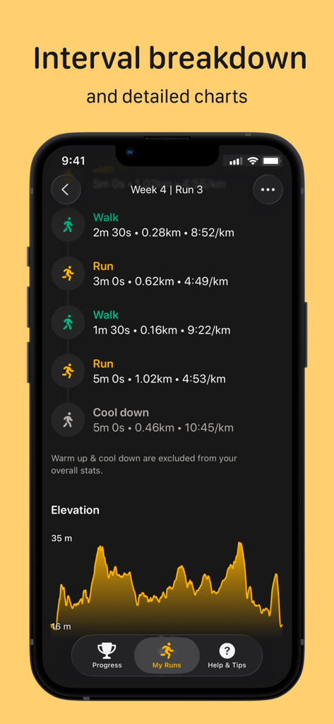 Watch to 5K－Couch to 5km plan - Un desglose detallado de intervalos de una carrera que muestra segmentos de caminar y correr con distancia y ritmo junto con un gráfico de elevación