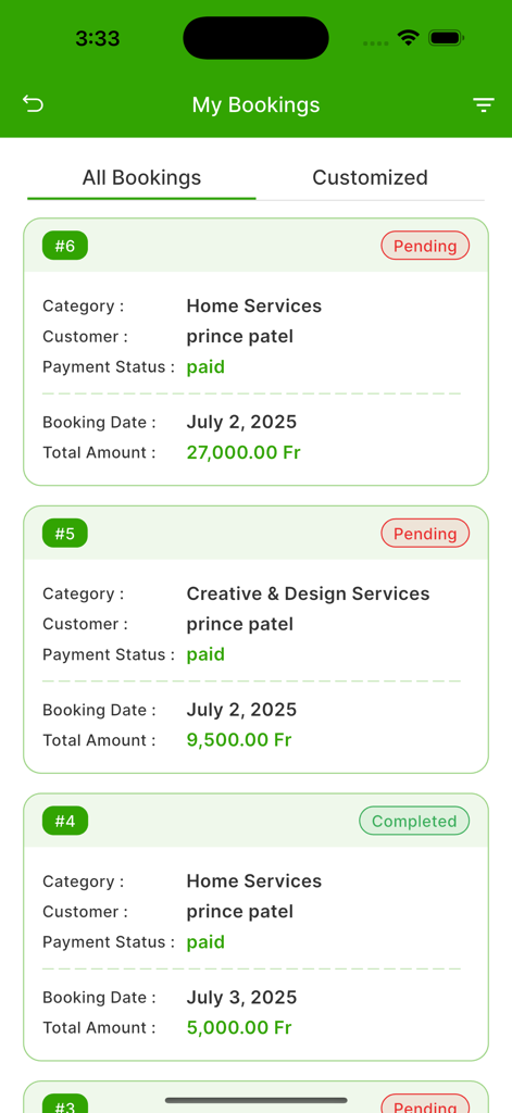 QwickServices Provider - A list of service bookings showing customer names payment status and job categories on the QwickServices Provider app