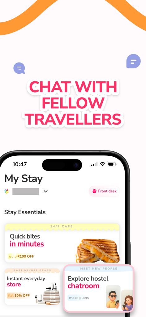 goSTOPS app interface highlighting the hostel chatroom and 24 by 7 cafe services for travelers