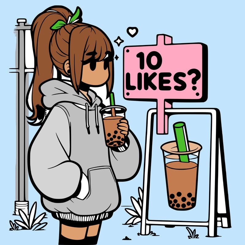 girl with oversized hoodie drinking boba and she has a high ponytail with a sign that says 10likes?