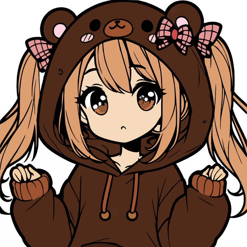 cute anime girl with ponytails and a cute bear hoodie