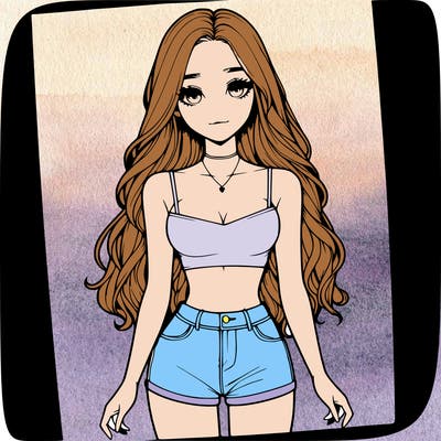 a realistic girl with long hair and in a crop top and shprts