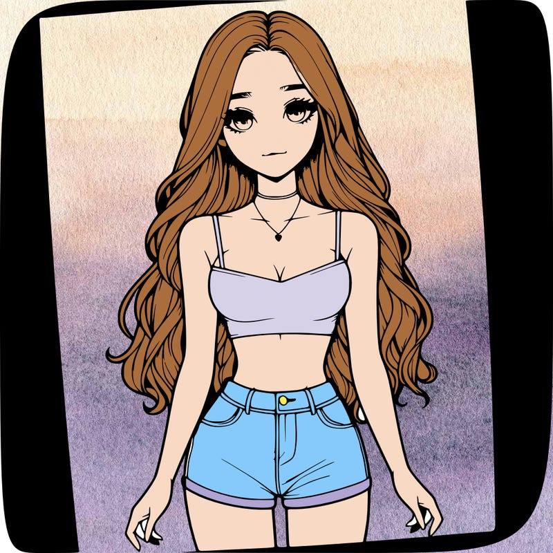 a realistic girl with long hair and in a crop top and shprts