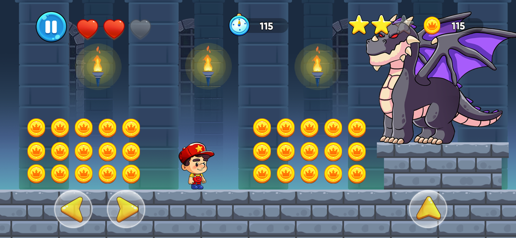 Max's World™ - Fun Adventure - Max facing a large purple dragon boss in a classic platformer dungeon level