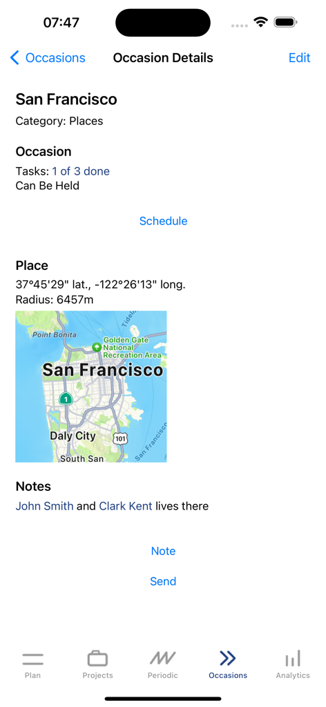 TimeMan - Mobile app screen showing location based tasks with a map of San Francisco