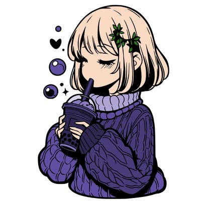 manga girl drinking boba in cozy sweater