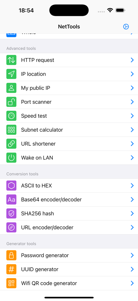 NetTools - Network Toolbox - Oberfläche der NetTools-App mit einer Liste von Netzwerkdiagnosen, Datenkonvertierungen und Sicherheitsgeneratoren.