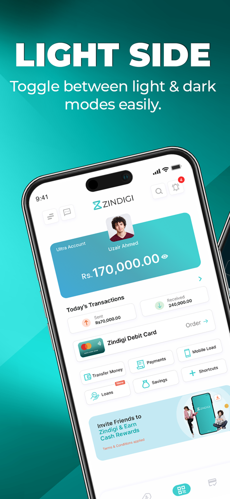 Zindigi - All in One Finance - Zindigi mobile finance app dashboard in light mode showing account balance and transaction options