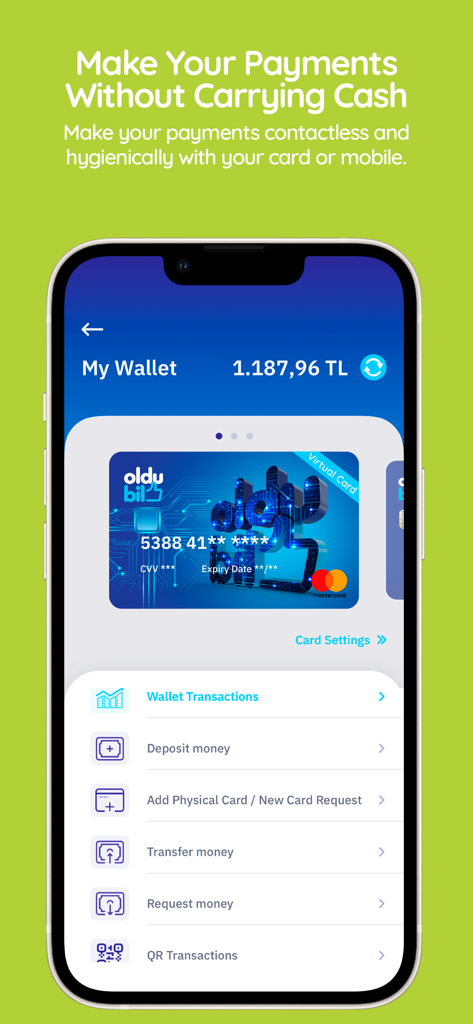 OlduBil - OlduBil app interface displaying the wallet balance and virtual Mastercard for contactless payments