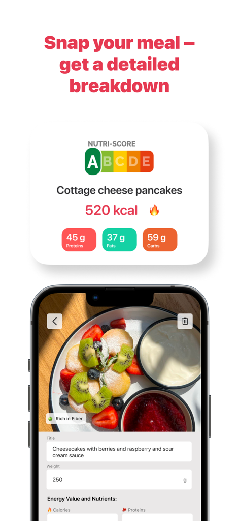 AIカロリーカウンター。食事写真スキャン後の栄養の内訳とNutri-Scoreが表示されています。