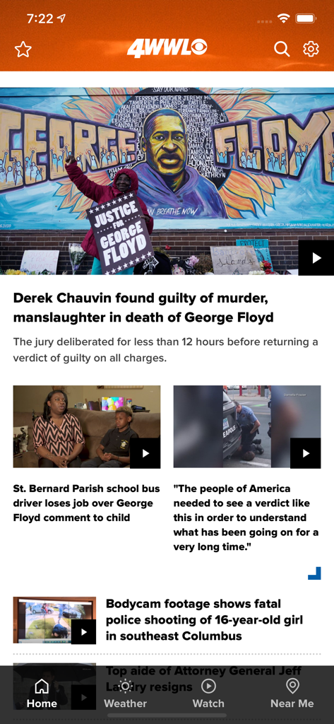 New Orleans News from WWL - Una interfaz móvil de la aplicación de noticias de Nueva Orleans de WWL que muestra titulares de noticias y actualizaciones locales