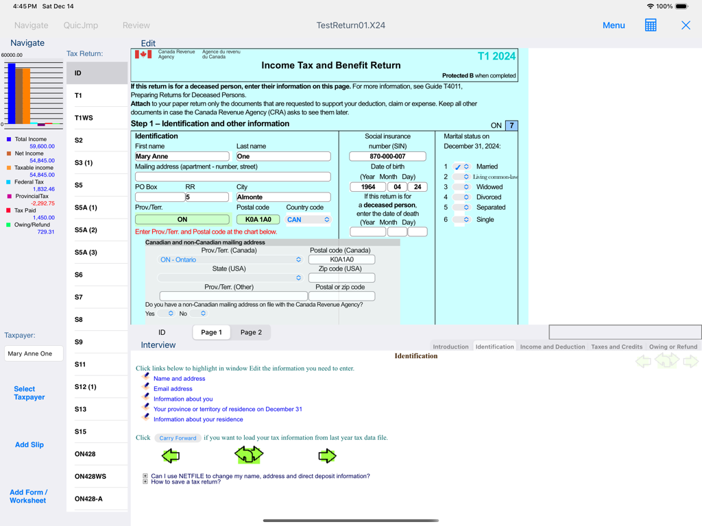 TaxFreeway 24 - TaxFreeway 24 iPad app interface showing a Canadian T1 tax form with personal identification and financial summary