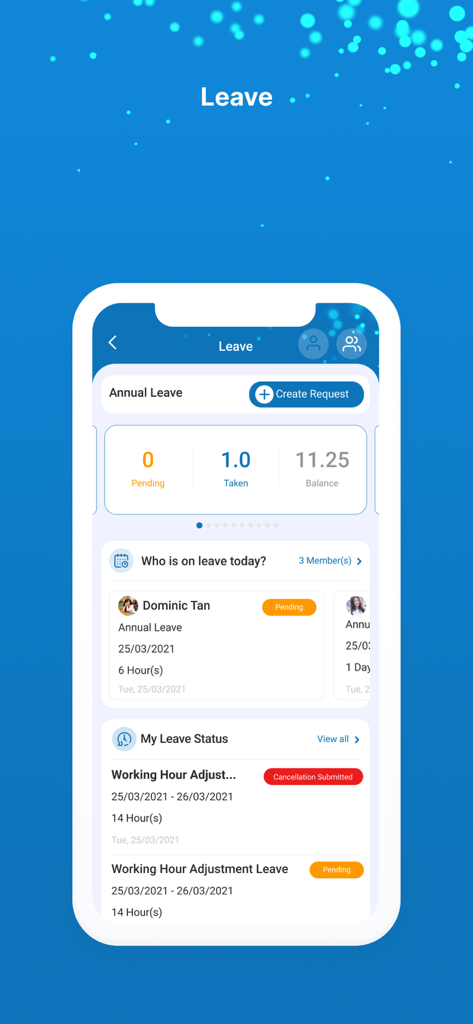 Cadena HRM - Cadena HRM mobile app screen showing annual leave balance and employee leave requests status