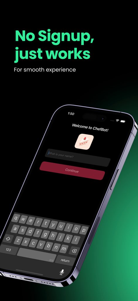 ChefBot - AI-powered recipes - ChefBot AI recipe app welcome screen highlighting no signup required and name entry.