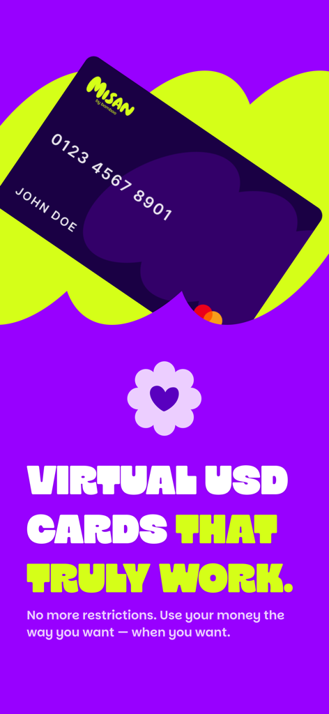 Misan by Bamboo: Pay & Send - Misan by Bamboo app screenshot featuring the Virtual USD Card service with bold purple and lime green branding