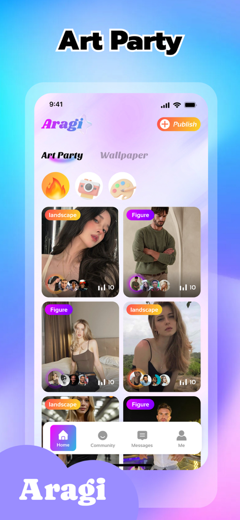 Aragi app mobile interface showing the Art Party feature with user galleries categorized by figure and landscape photography