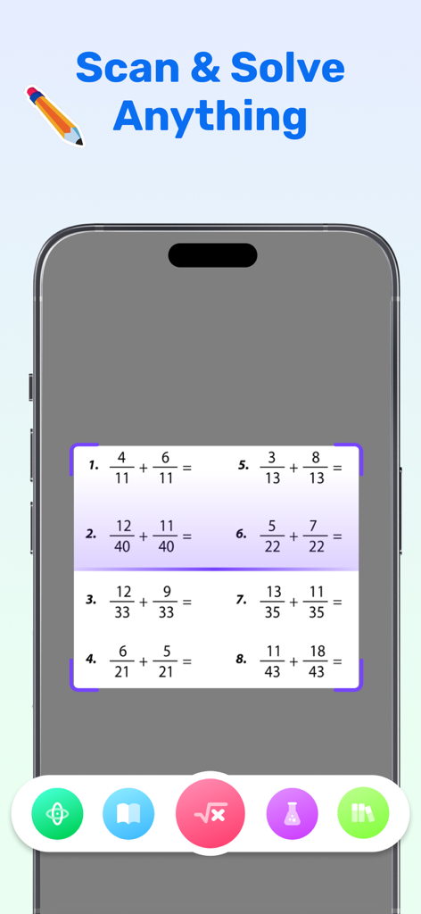 AI Homework Helper Work Solver - Mobile app interface scanning math fraction problems for solutions