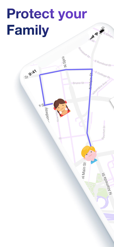 Aplicativo Localizador de Família e Amigos mostrando localizações de crianças em um mapa com o texto Proteja sua Família