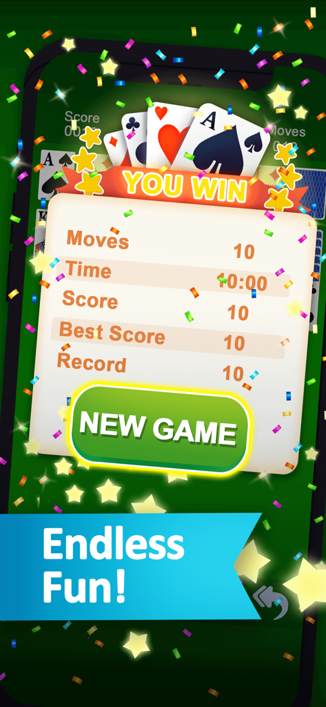 Victory screen of a classic solitaire game showing game stats and celebratory confetti.