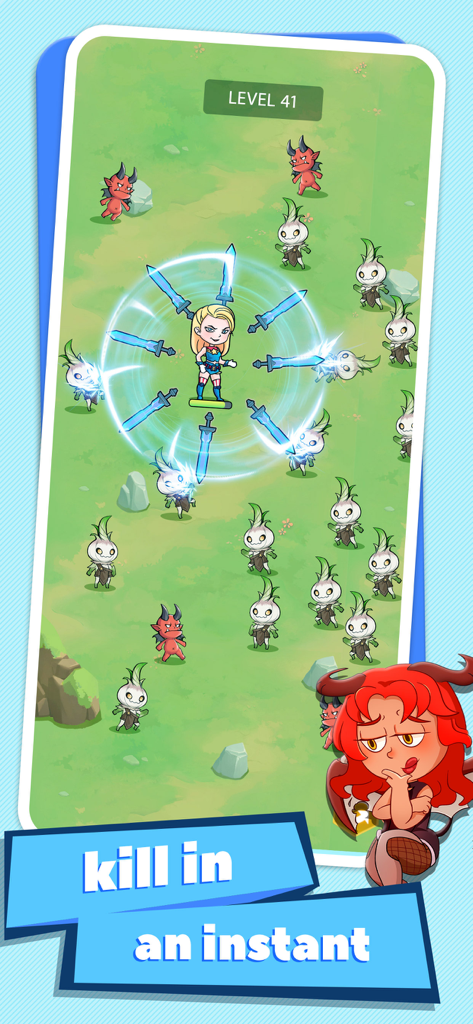 A female hero using a spinning sword shield skill to defeat waves of monsters in an X-HERO level.