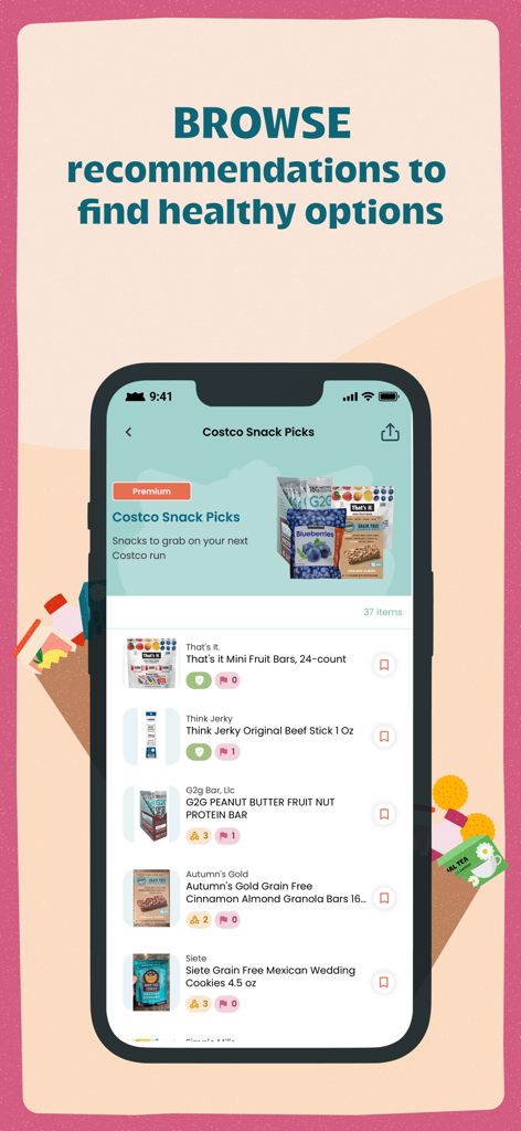 Trash Panda - Food Scanner - Trash Panda app interface showing a list of healthy food and snack recommendations