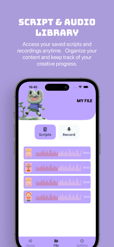 Stube : Podcast & Saver` - La pantalla de biblioteca de guiones y audio de la aplicación Stube que muestra grabaciones guardadas y formas de onda