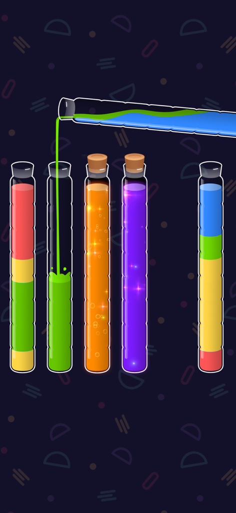 Color Water Sort: Puzzle Game - Captura de pantalla del juego de Color Water Sort que muestra líquidos de colores vibrantes vertiéndose y clasificándose en tubos de vidrio.