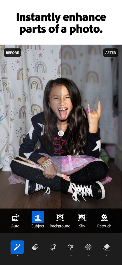 Un écran partagé affichant une comparaison avant/après d'une photo retouchée avec les outils d'amélioration par IA d'Adobe Lightroom