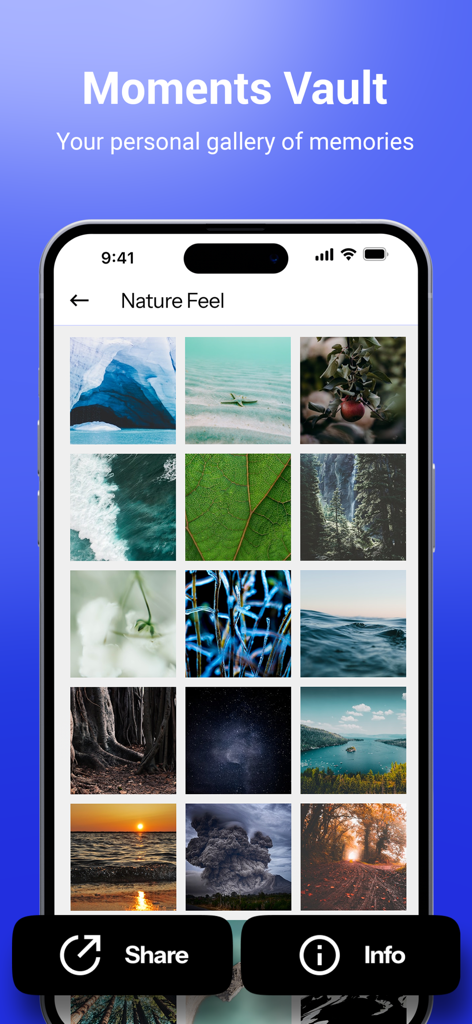Interfaz de la galería de fotos personal 'Moments Vault' de la aplicación SnapDrop que muestra imágenes de la naturaleza