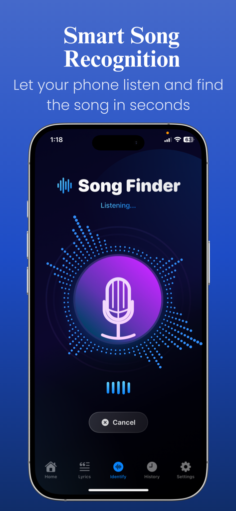Interface de reconhecimento inteligente de músicas do aplicativo Music Finder mostrando o telefone ouvindo música