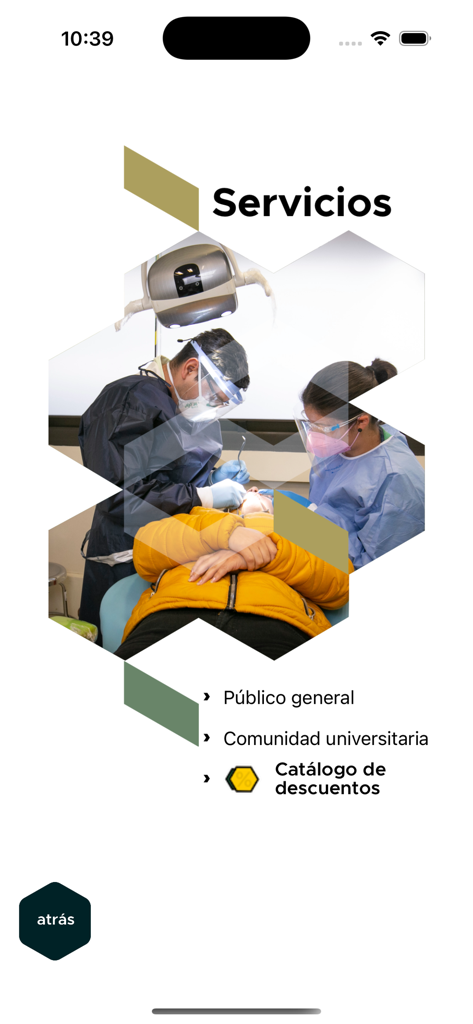 UAEMex App Services Menü mit Optionen für die Universitätsgemeinschaft und öffentliche Gesundheitsdienste