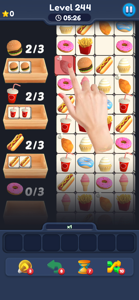 Food Match 3D: Tile Puzzle - Écran de jeu de Food Match 3D montrant un joueur associant des tuiles de nourriture sur une grille pour satisfaire les commandes.