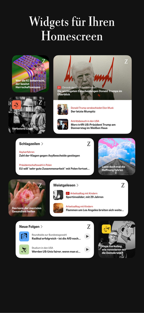 DIE ZEITニュースアプリの見出しやポッドキャストを表示するモバイルウィジェットのコレクション。