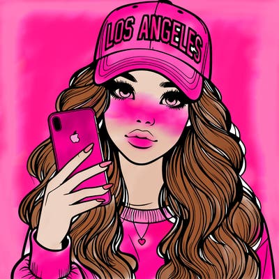 realistic beautiful girl wearing los ángeles cap holding an iphone