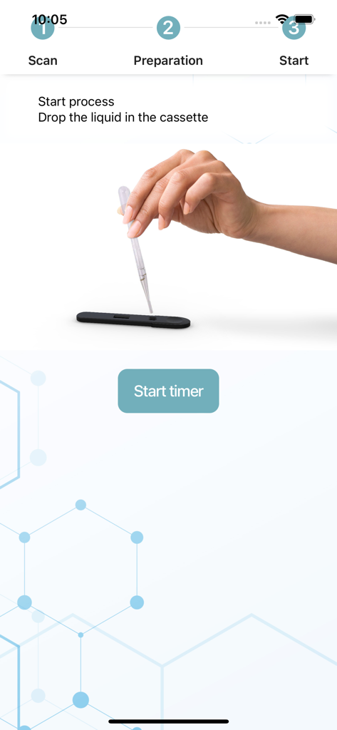 Qassay - Interfaz de la aplicación Qassay que muestra gráficos instructivos para verter líquido en un casete de prueba y un botón de inicio de temporizador