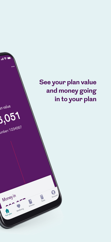 Royal London - Smartphone screen showing the Royal London app with plan value and money in details.